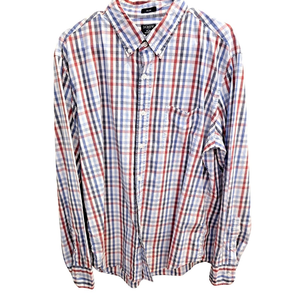 J Crew Shirt Mens XL Red Blue Plaid Button Down Slim Flex Washed‎ Casual Preppy